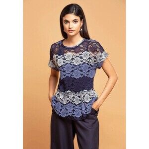 Eva Franco Floral Lace Peplum Top Blue Striped Sheer Anthropologie Womens Medium